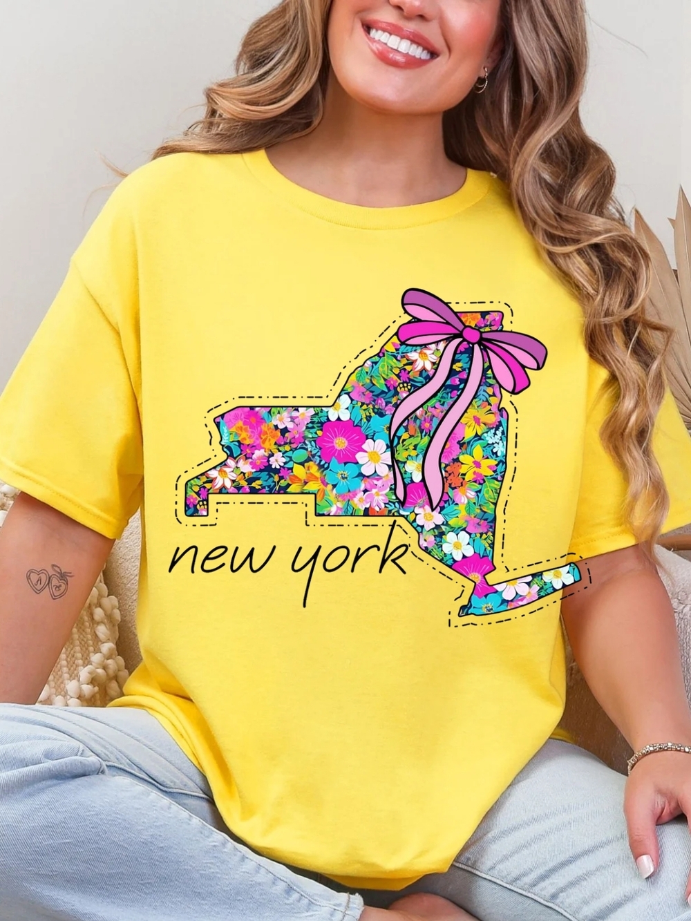 Gildan Yellow Floral New York State Tee with Pink Bow